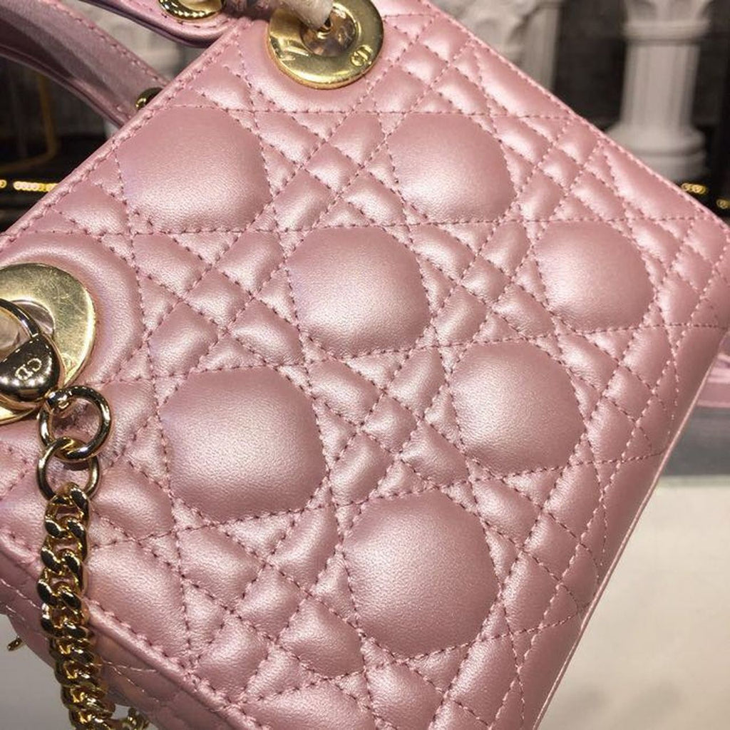GLAMI Mini Lady Cannage Quilted Bag with Chain Gold Toned Hardware Pink For Women 6.5in/17cm CD