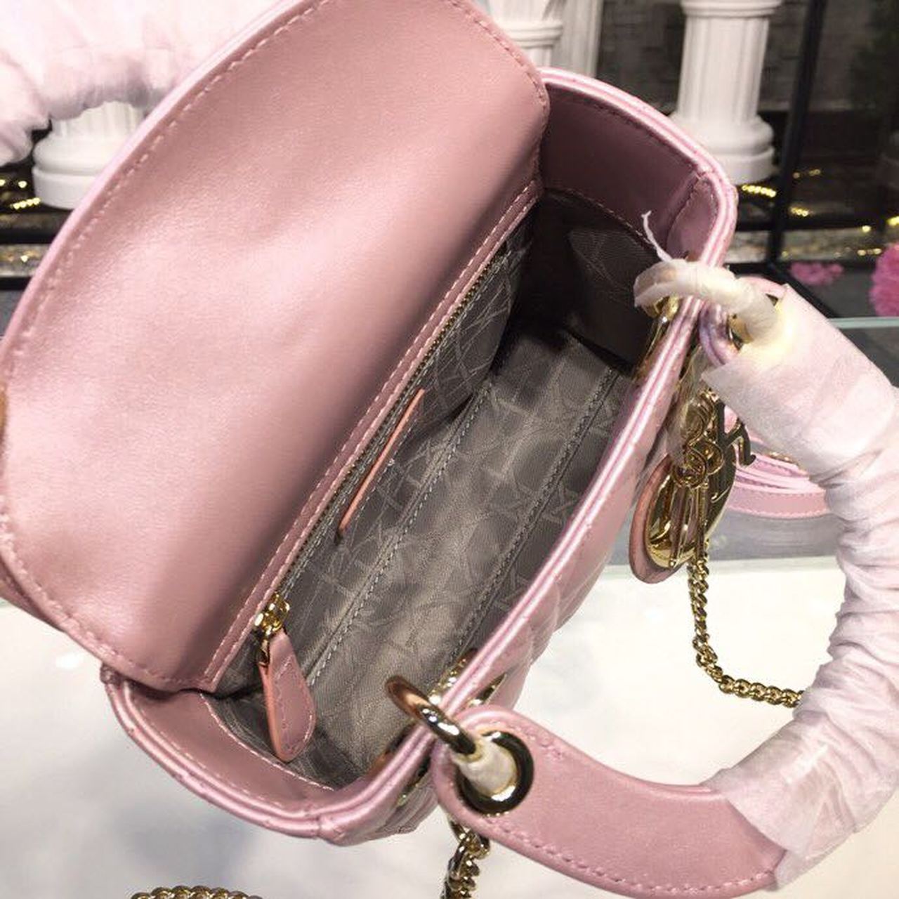 GLAMI Mini Lady Cannage Quilted Bag with Chain Gold Toned Hardware Pink For Women 6.5in/17cm CD