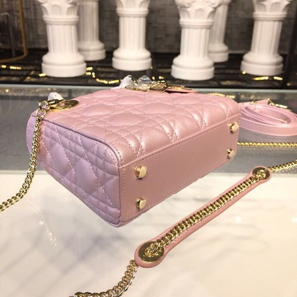 GLAMI Mini Lady Cannage Quilted Bag with Chain Gold Toned Hardware Pink For Women 6.5in/17cm CD
