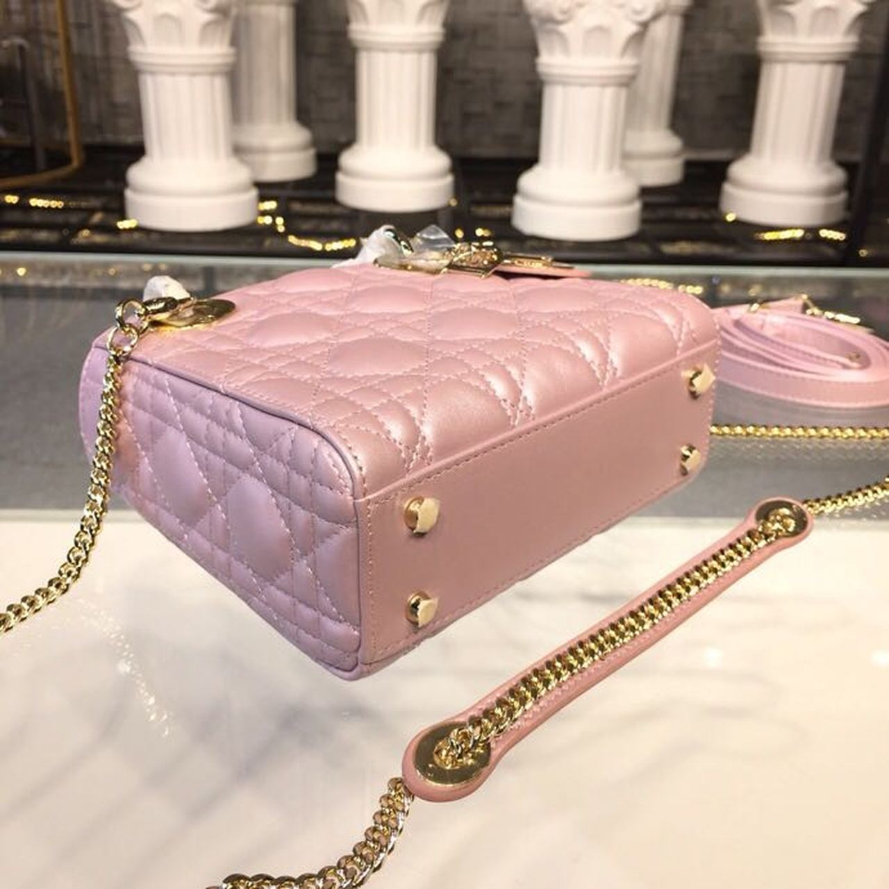 GLAMI Mini Lady Cannage Quilted Bag with Chain Gold Toned Hardware Pink For Women 6.5in/17cm CD