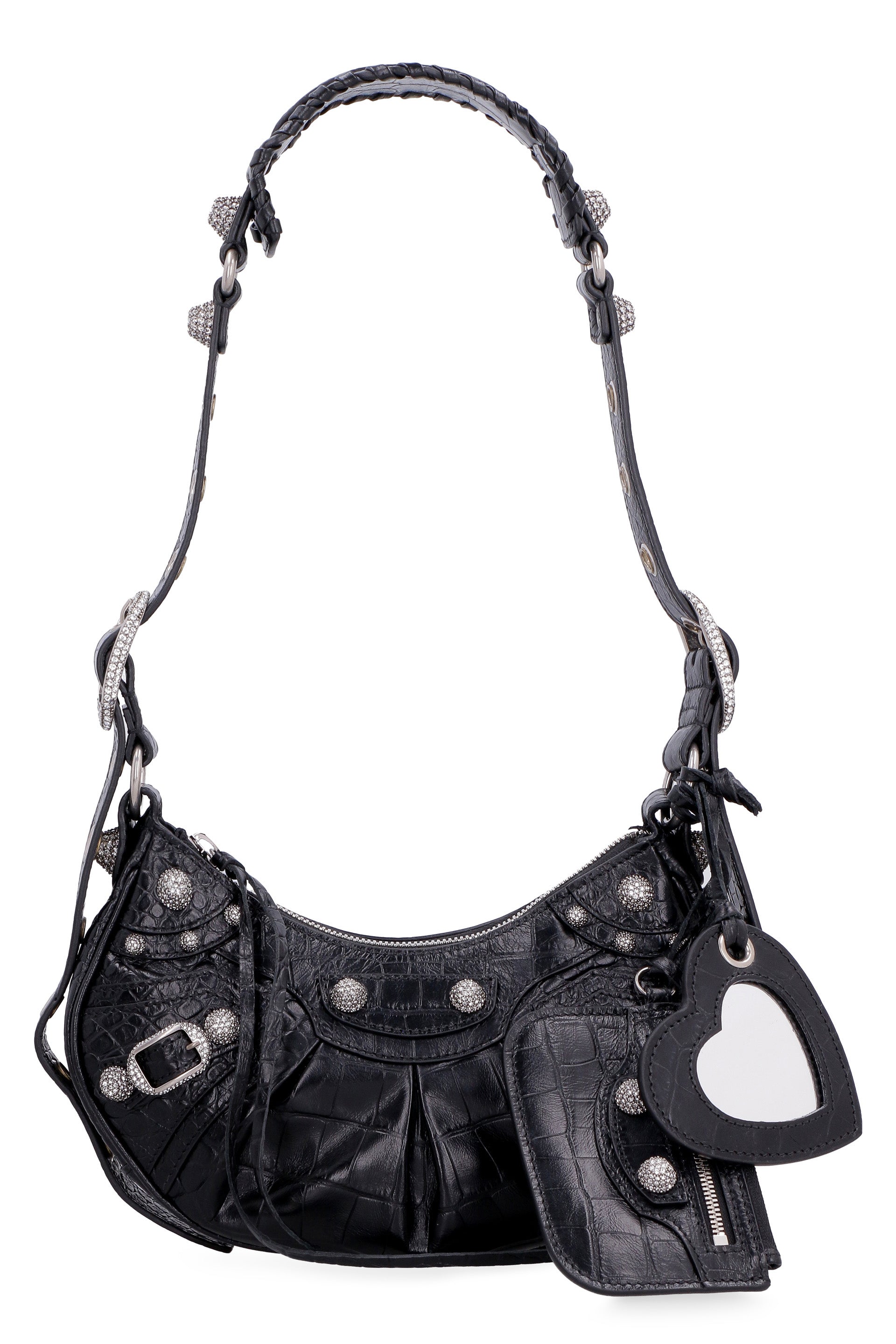 LE CAGOLE XS BLACK CROCODILE-EFFECT MINI BAG WITH RHINESTONES