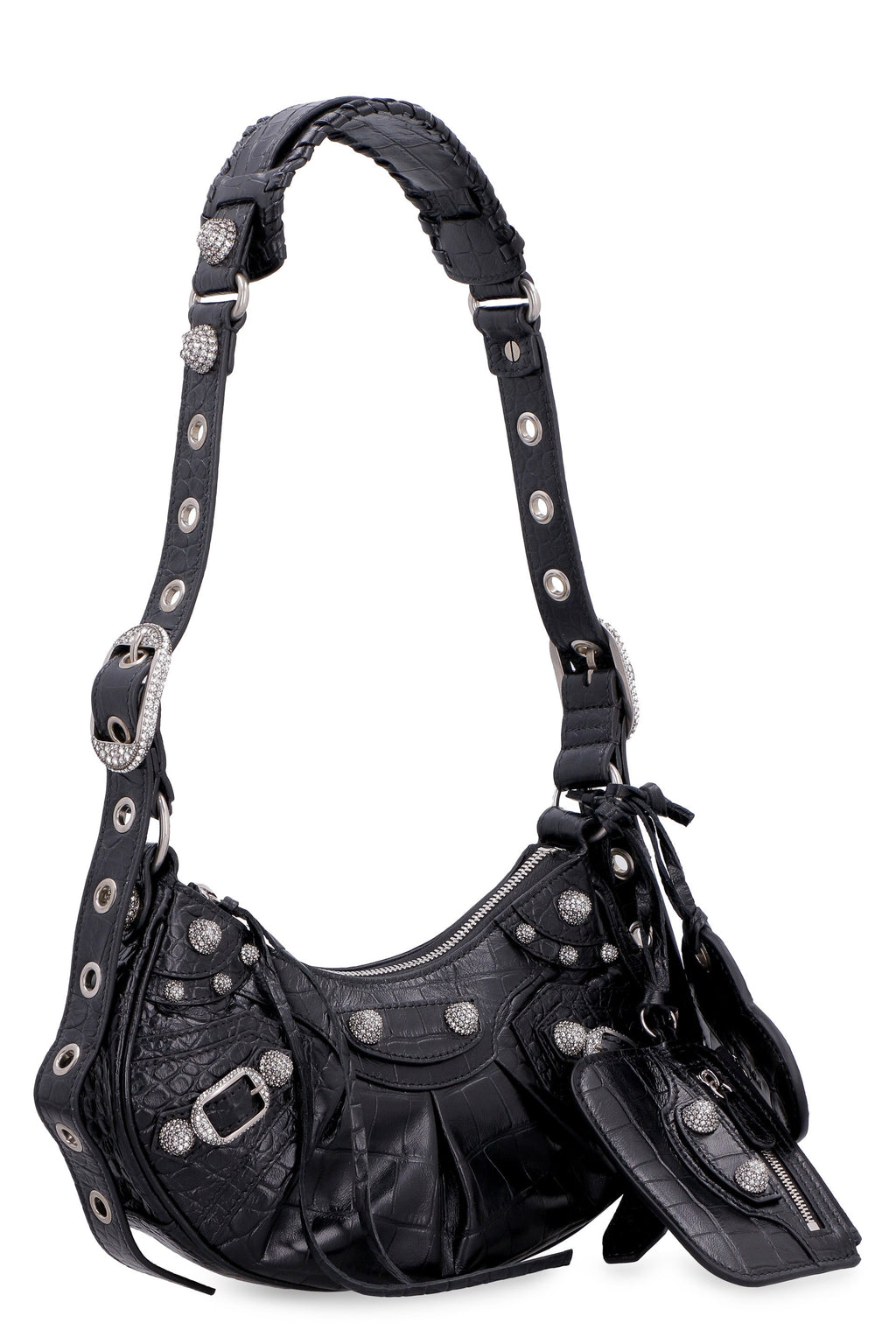 LE CAGOLE XS BLACK CROCODILE-EFFECT MINI BAG WITH RHINESTONES