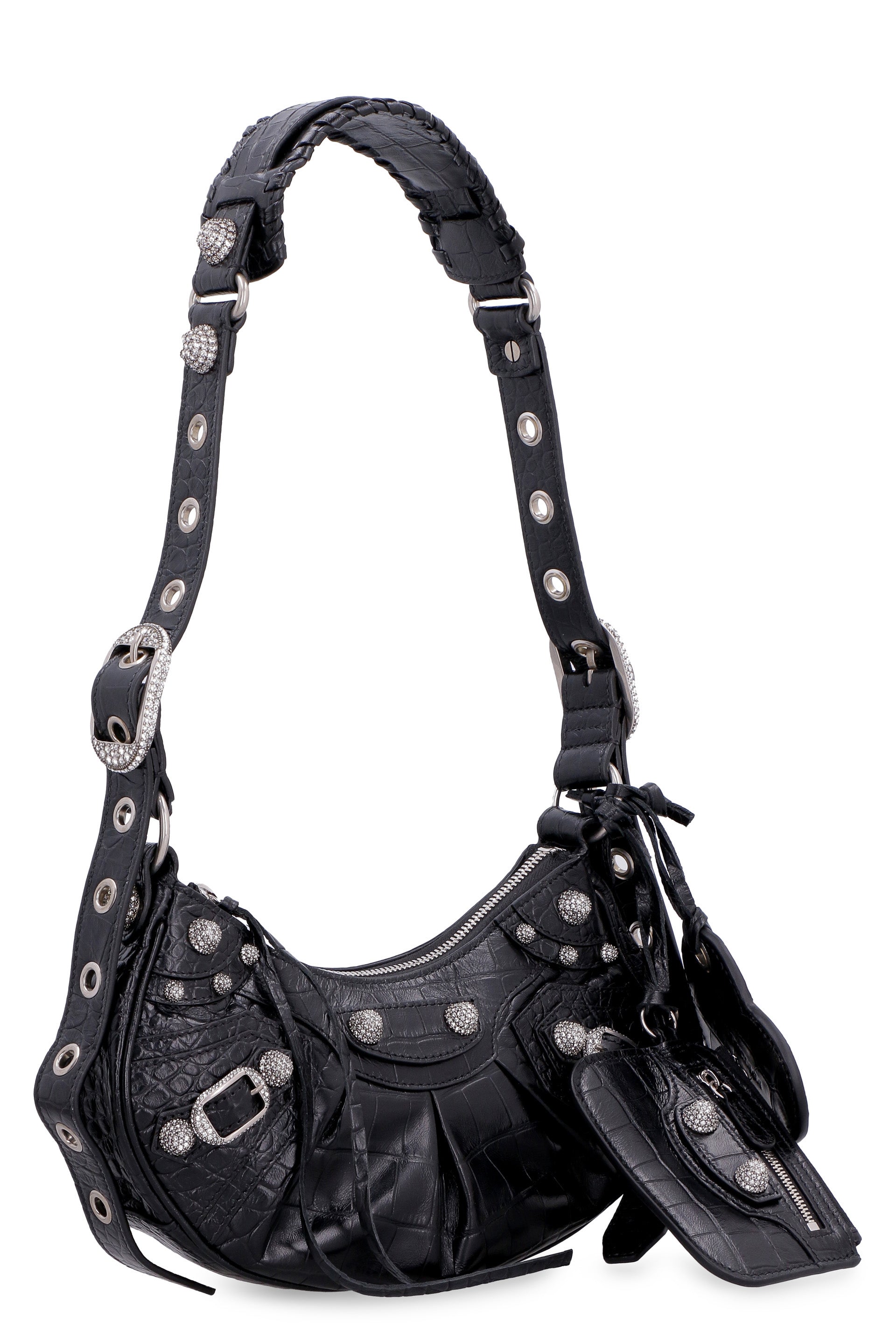LE CAGOLE XS BLACK CROCODILE-EFFECT MINI BAG WITH RHINESTONES