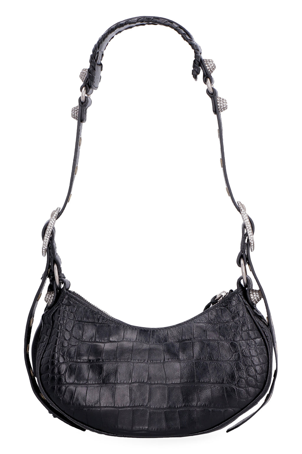 LE CAGOLE XS BLACK CROCODILE-EFFECT MINI BAG WITH RHINESTONES