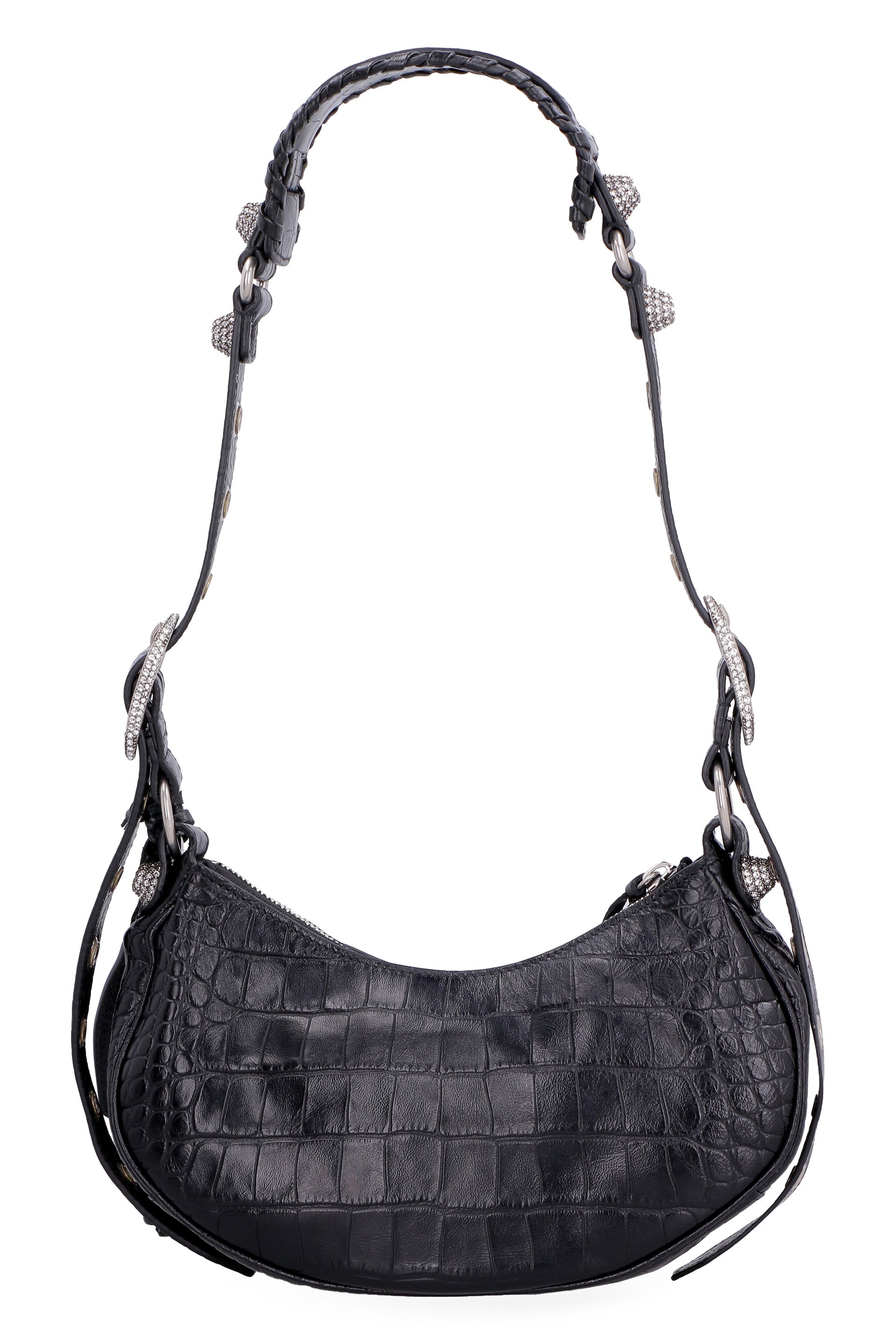LE CAGOLE XS BLACK CROCODILE-EFFECT MINI BAG WITH RHINESTONES