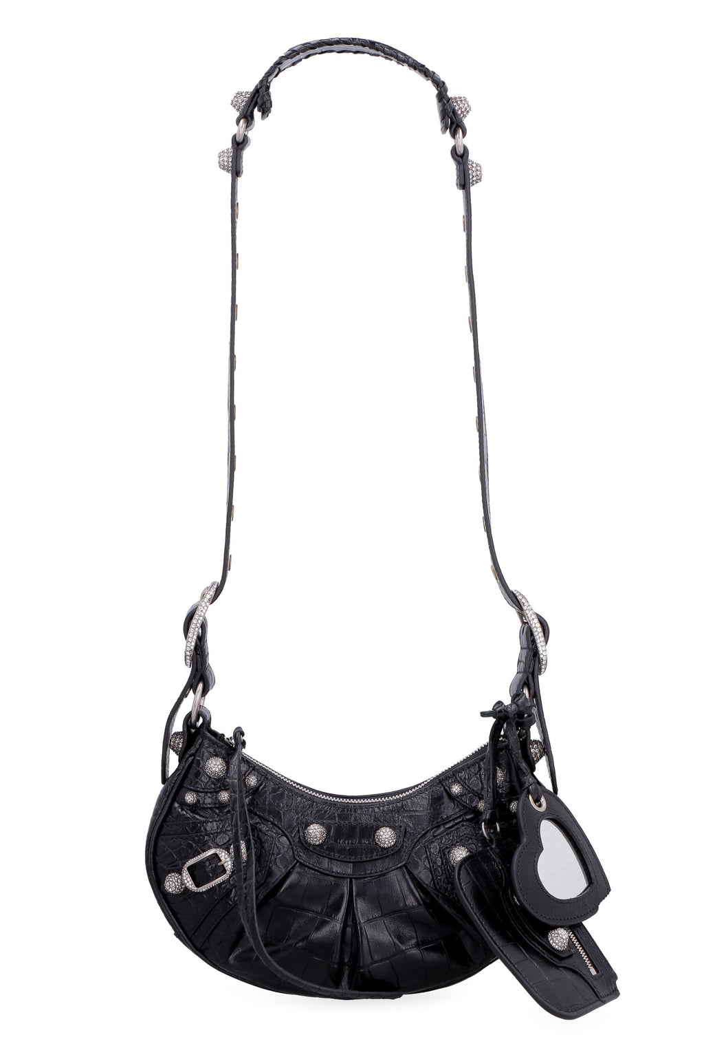 LE CAGOLE XS BLACK CROCODILE-EFFECT MINI BAG WITH RHINESTONES