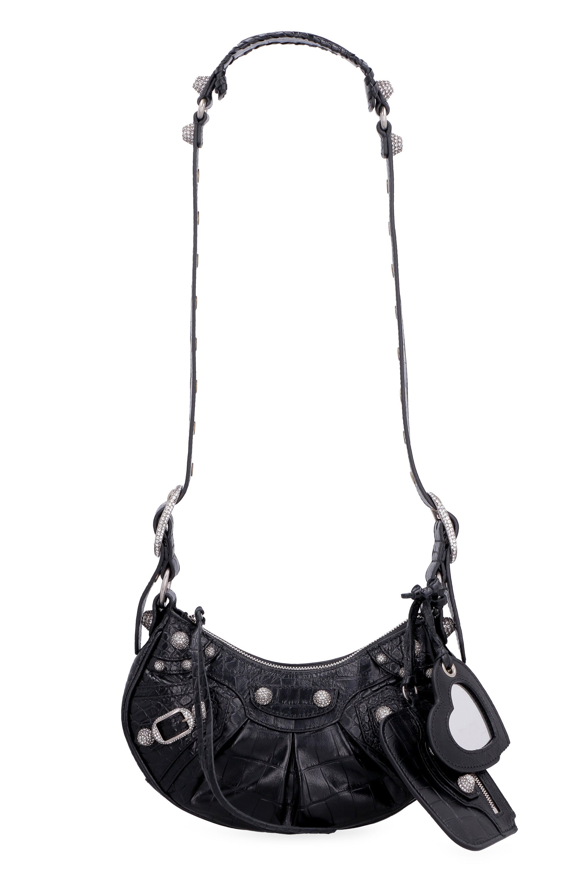 LE CAGOLE XS BLACK CROCODILE-EFFECT MINI BAG WITH RHINESTONES