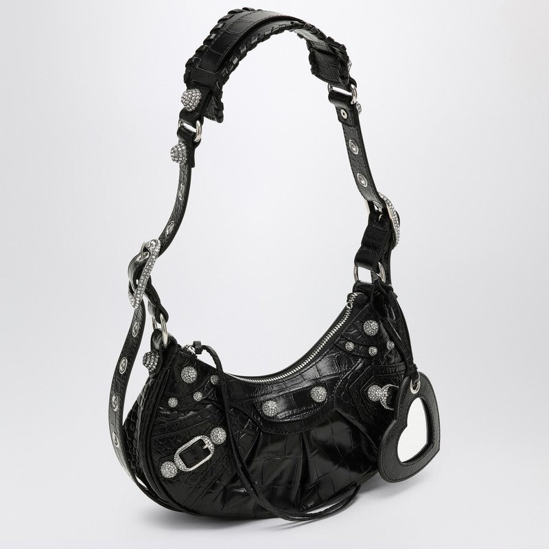 Balenciaga Le Cagole Xs Black Crocodile-Effect Mini Bag With Rhinestones Women