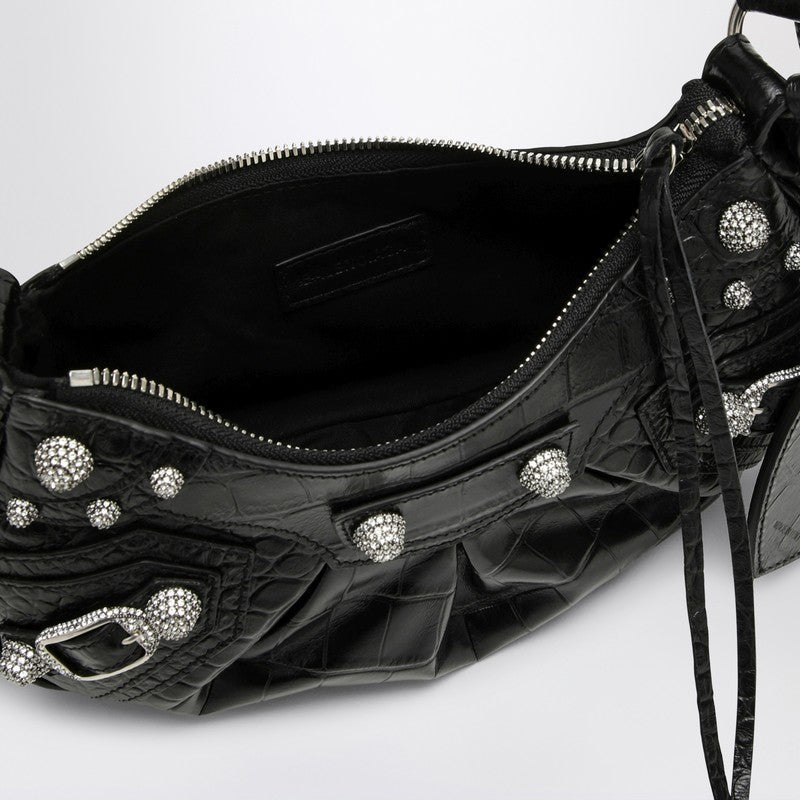 Balenciaga Le Cagole Xs Black Crocodile-Effect Mini Bag With Rhinestones Women