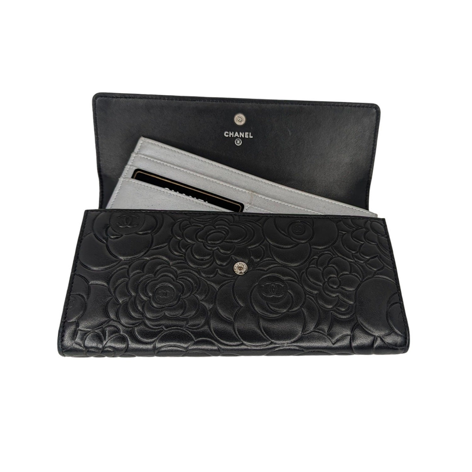 Chanel Camellia Embossed Large Flap Clutch Wallet with Card Insert
