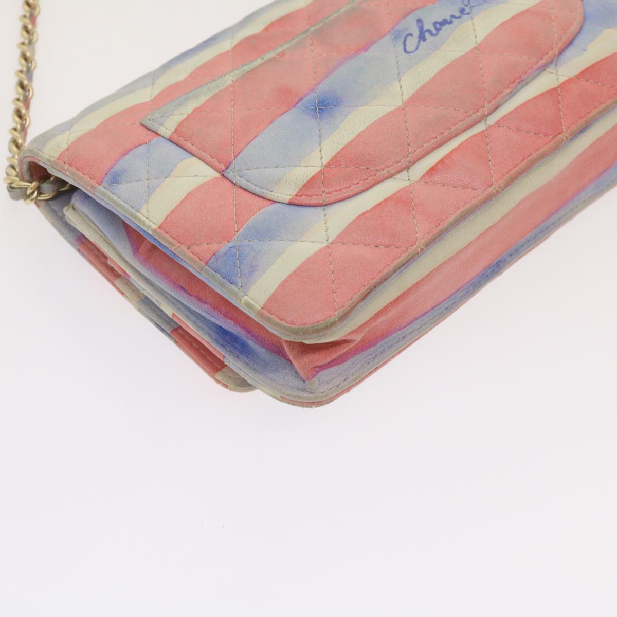 CHANEL Chain Shoulder Bag Leather Blue Red CC 67372A
