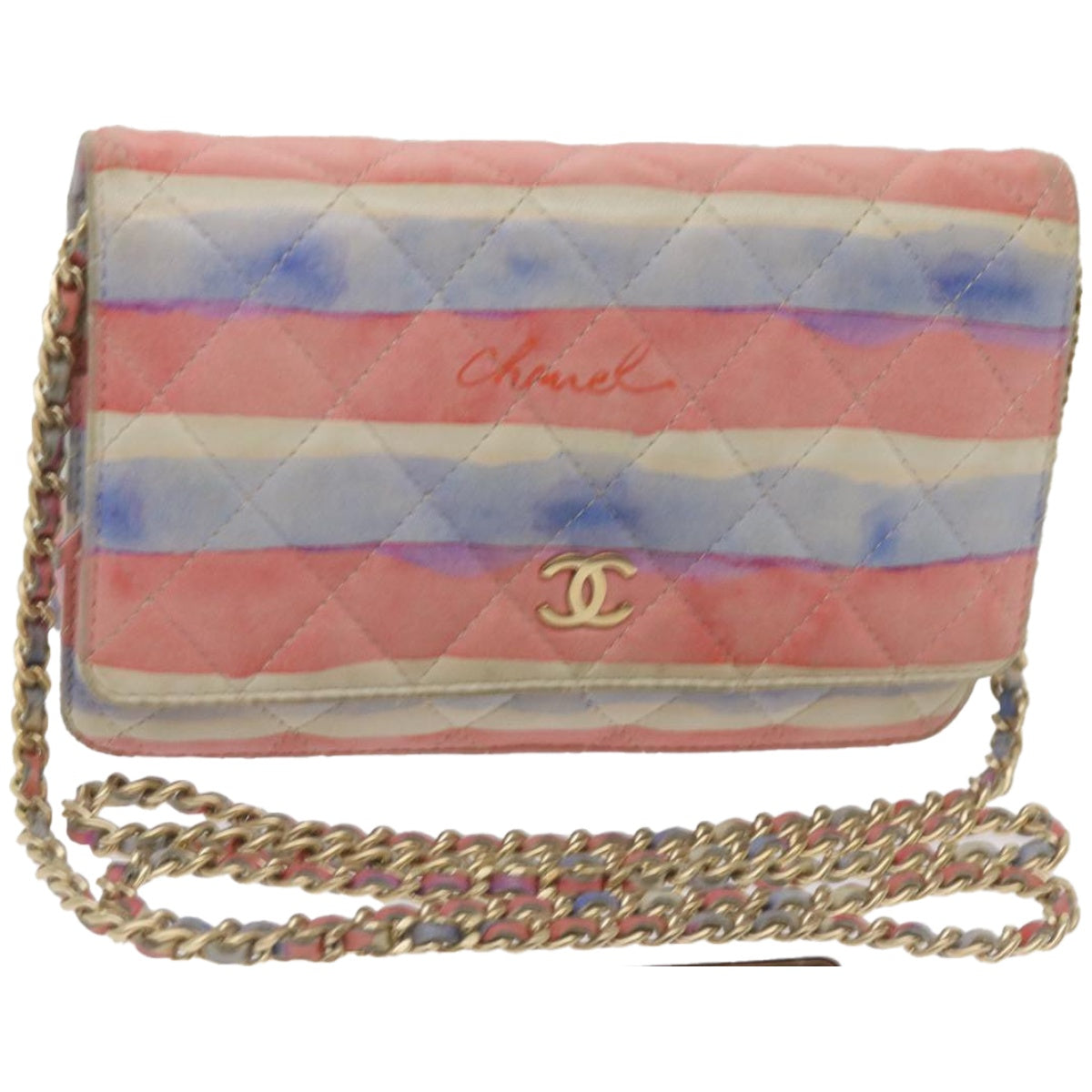 CHANEL Chain Shoulder Bag Leather Blue Red CC 67372A