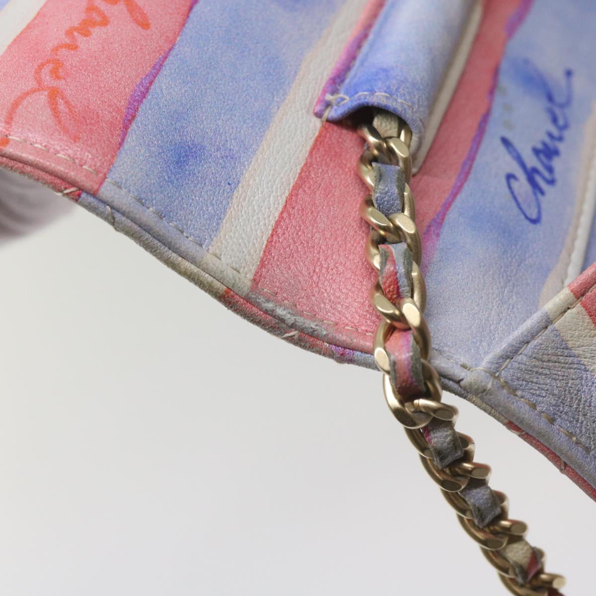 CHANEL Chain Shoulder Bag Leather Blue Red CC 67372A