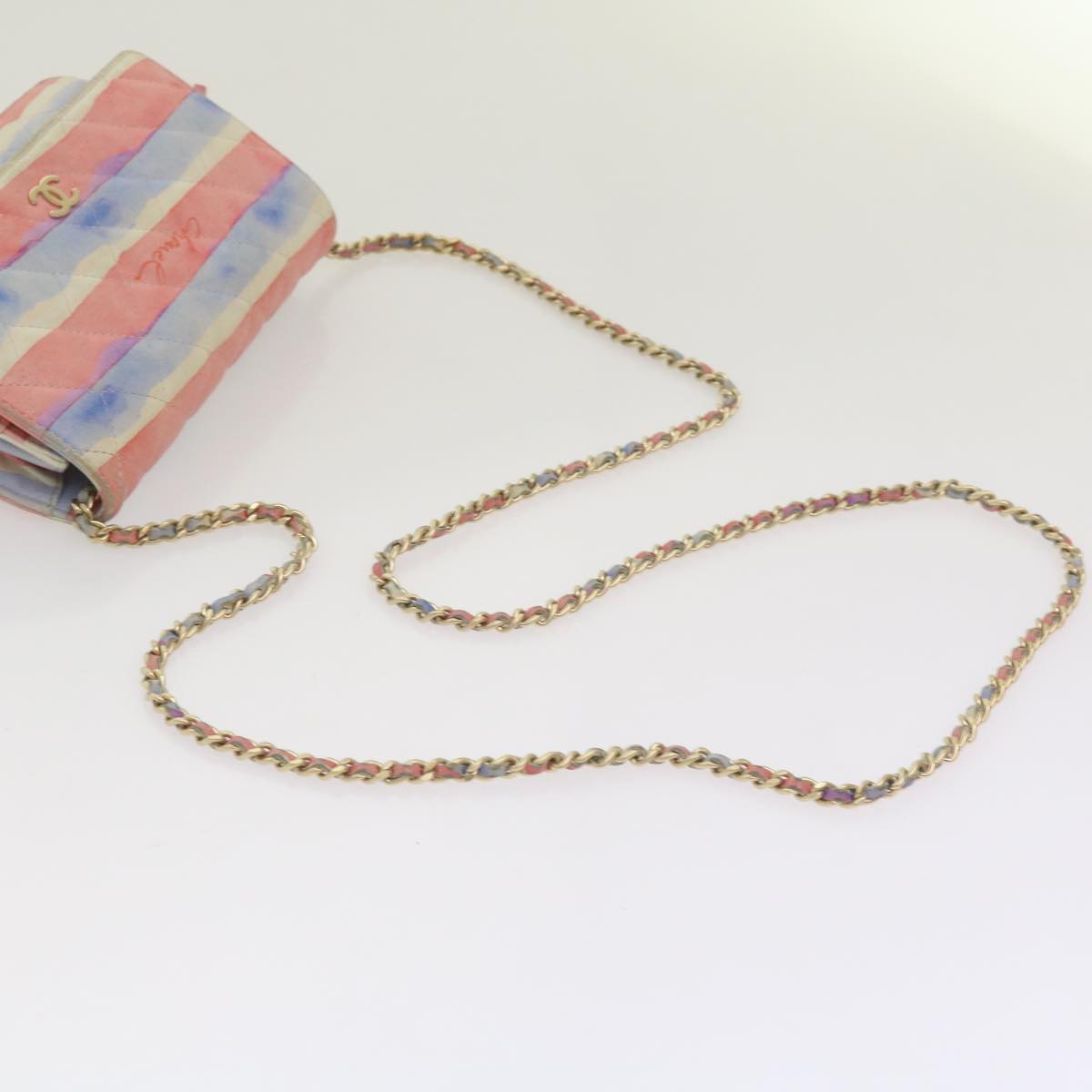 CHANEL Chain Shoulder Bag Leather Blue Red CC 67372A