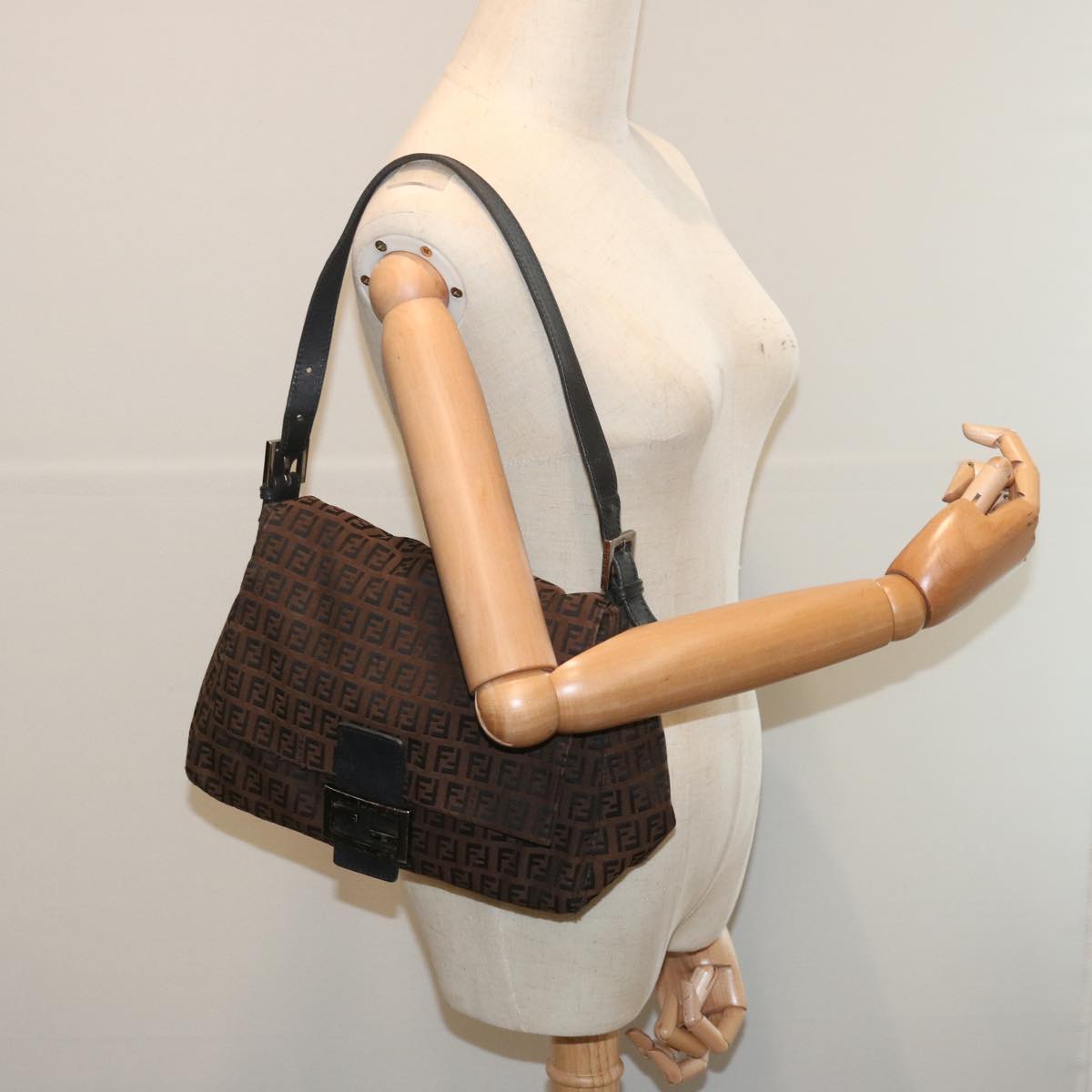 FENDI Zucchino Canvas Mamma Baguette Shoulder Bag Brown 67996