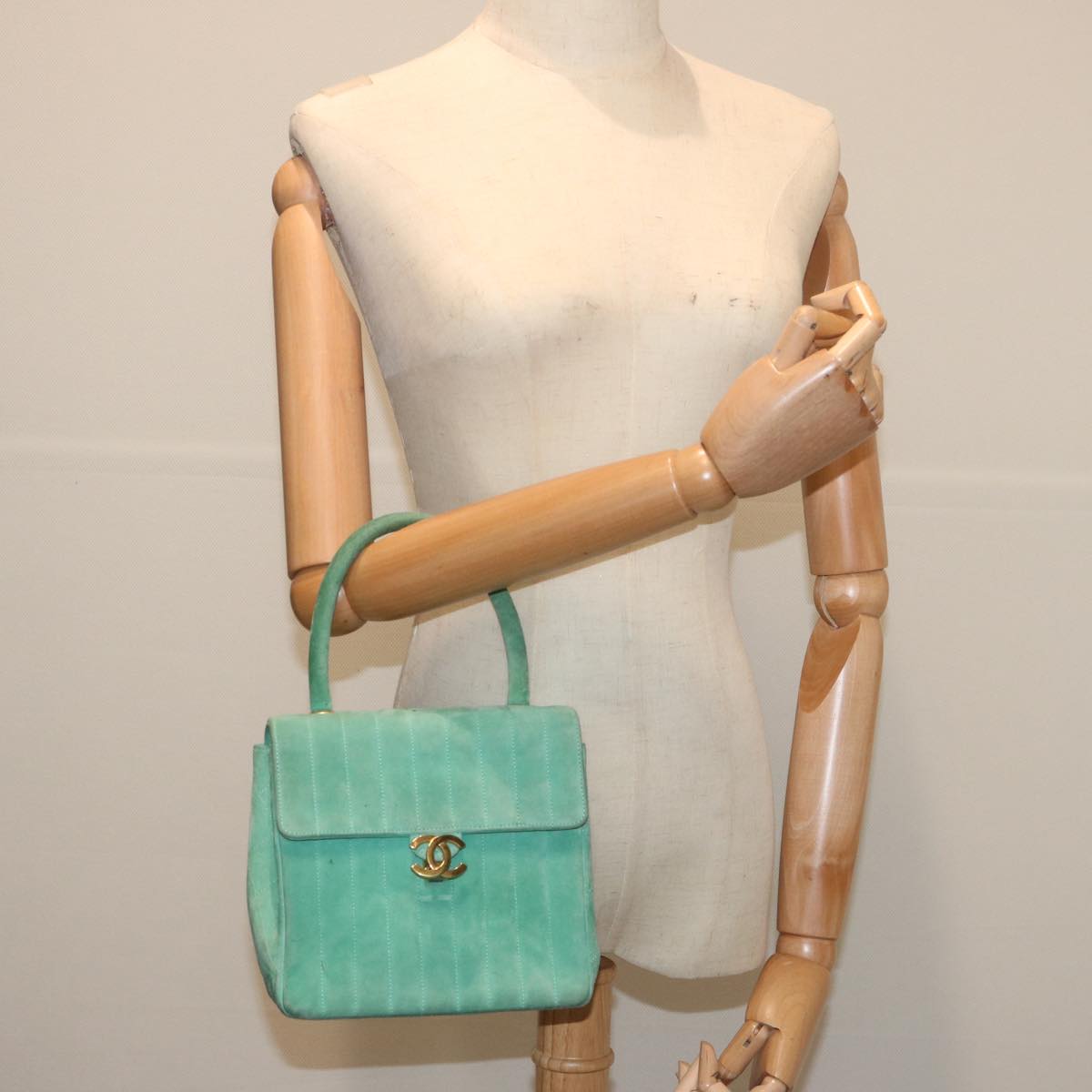 CHANEL Hand Bag Suede Green CC 68731A