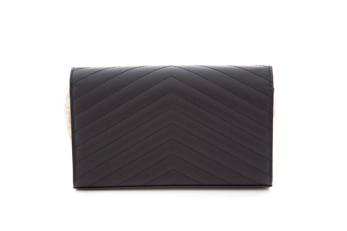 YSL Cassandre Matelasse Chain Wallet in Grain De Poudre Black Embossed Leather