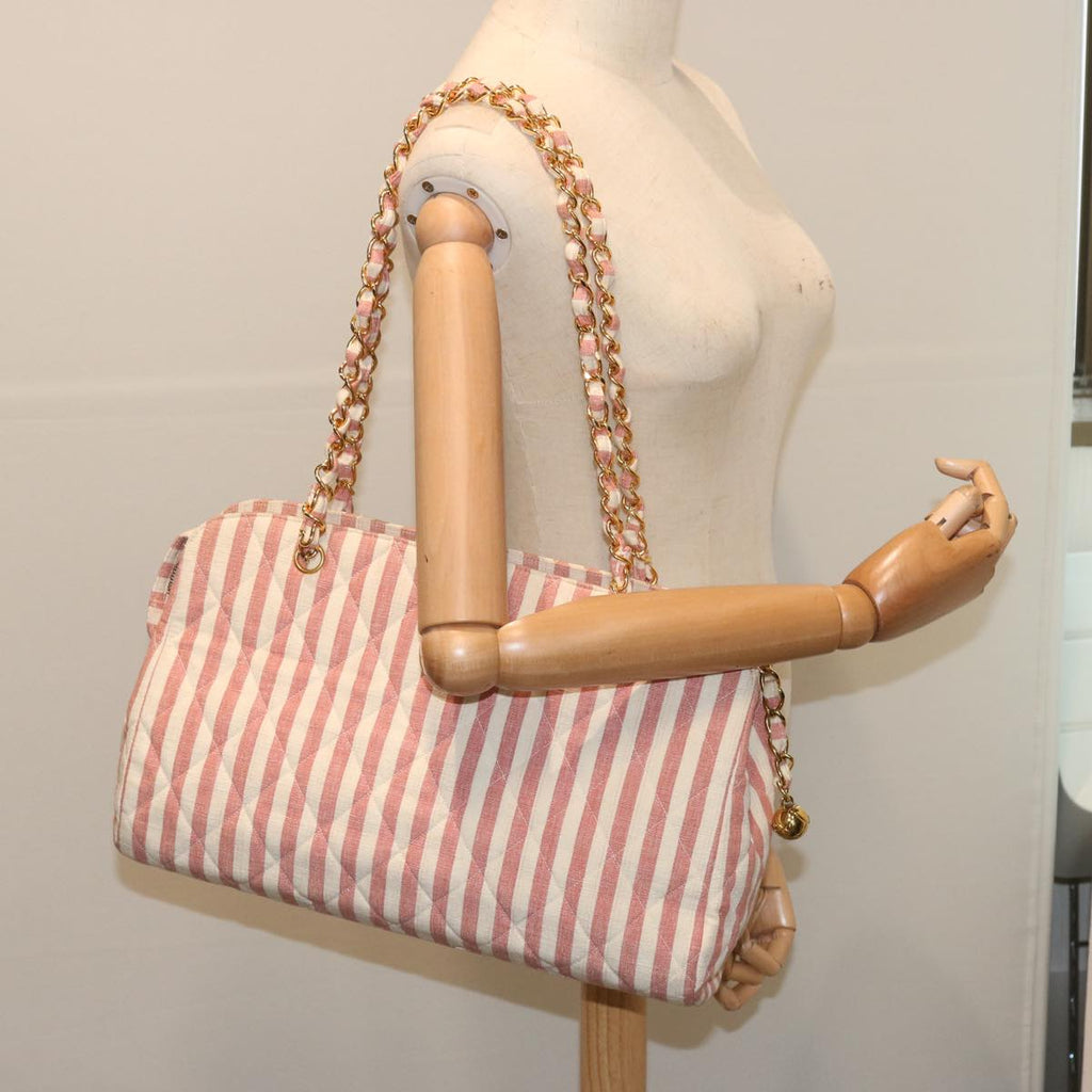CHANEL Matelasse Chain Shoulder Bag Canvas White Red CC 69059SA