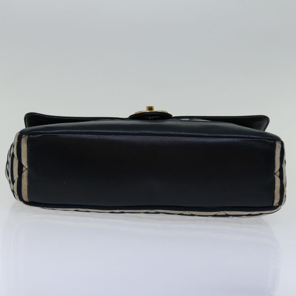 CHANEL Matelasse Chain Shoulder Bag Cotton White Navy CC 69062A