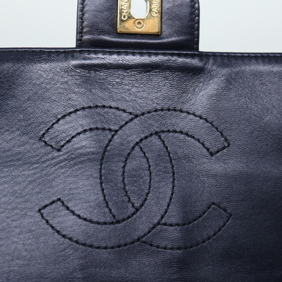 CHANEL Matelasse Chain Shoulder Bag Cotton White Navy CC 69062A