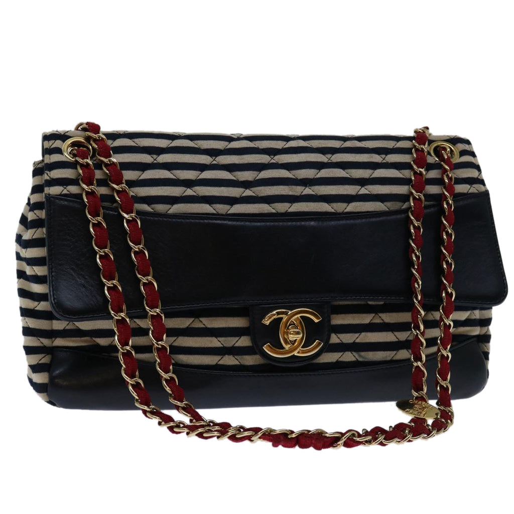CHANEL Matelasse Chain Shoulder Bag Cotton White Navy CC 69062A