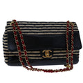 CHANEL Matelasse Chain Shoulder Bag Cotton White Navy CC 69062A
