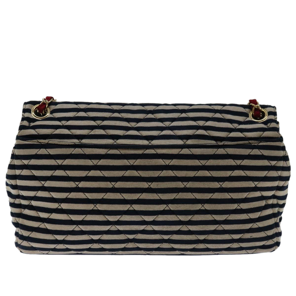 CHANEL Matelasse Chain Shoulder Bag Cotton White Navy CC 69062A