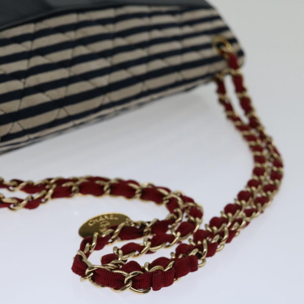 CHANEL Matelasse Chain Shoulder Bag Cotton White Navy CC 69062A