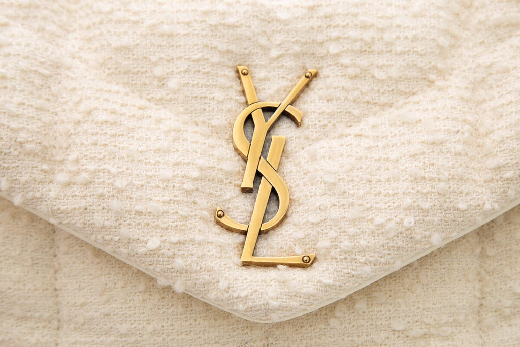 YSL Cream Boucle Tweed Quilted Loulou Puffer Handbag