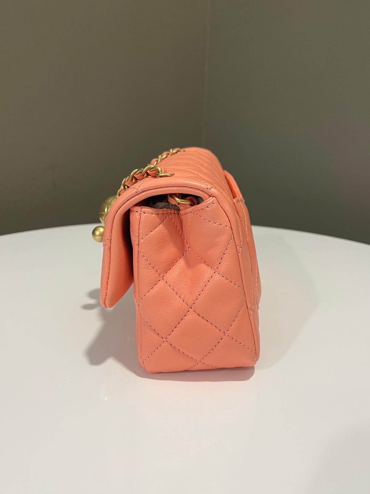 Chanel Pearl Crush Quilted Mini Rectangular Salmon Pink Lambskin
