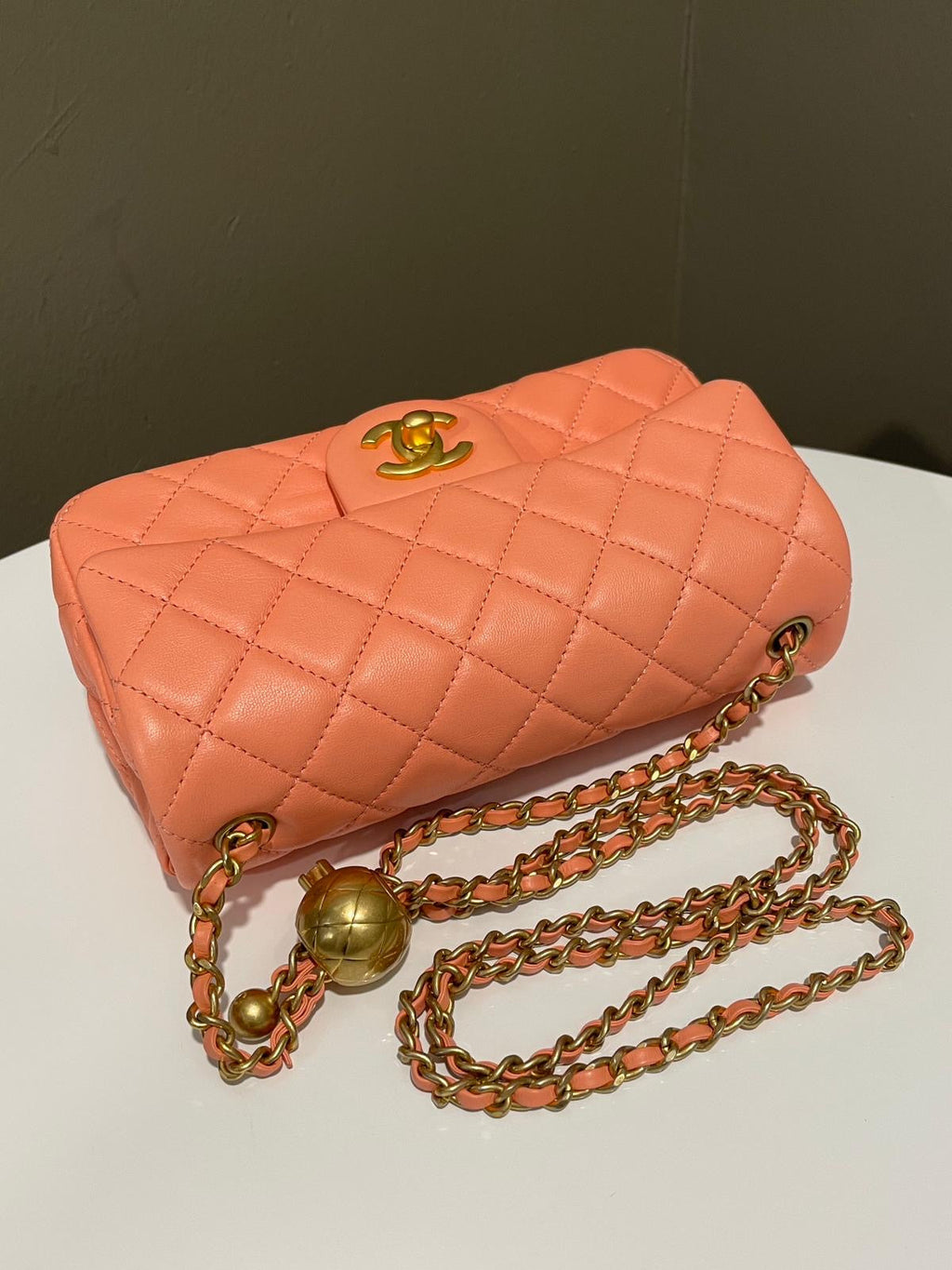 Chanel Pearl Crush Quilted Mini Rectangular Salmon Pink Lambskin