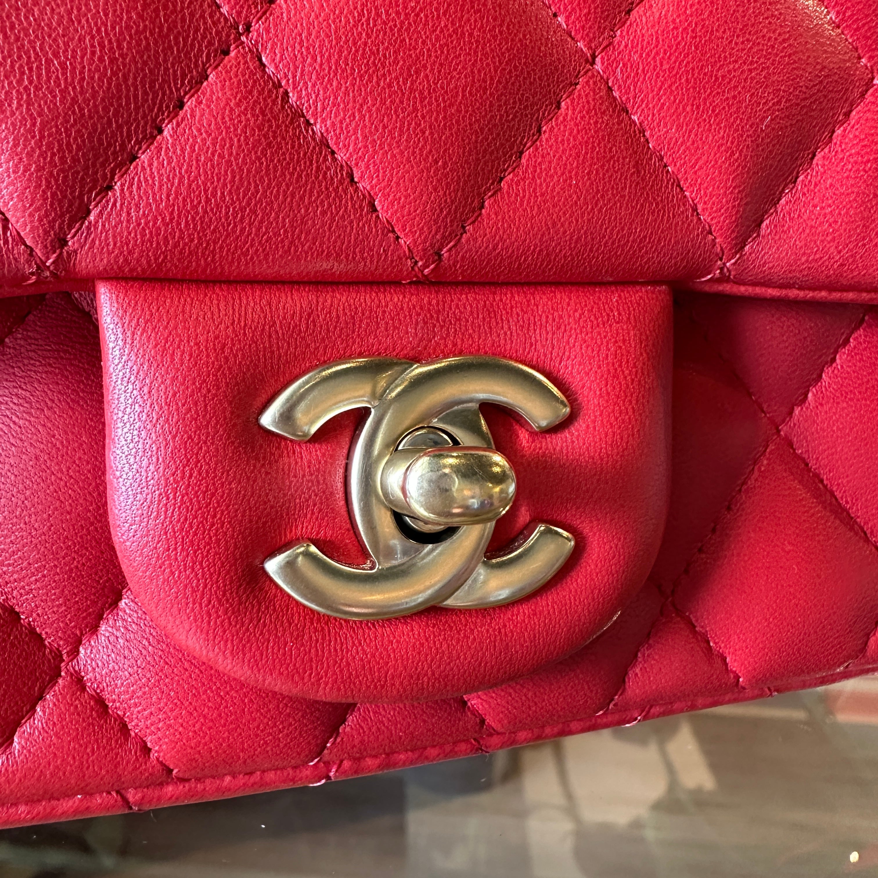 CHANEL Red Lambskin Mini Rectangle Shoulder Bag