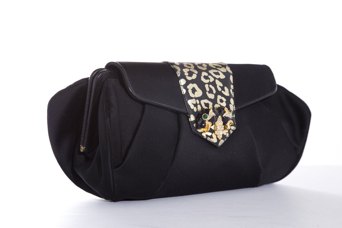 Sharif Black Satin Leopard Rhinestone Evening Clutch