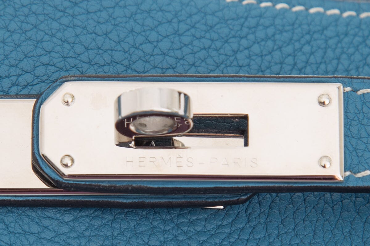 HermÃƒÆ’Ã‚Â¨s Blue Jean "So Kelly" Handbag with Palladium Hardware and Clemence Leather
