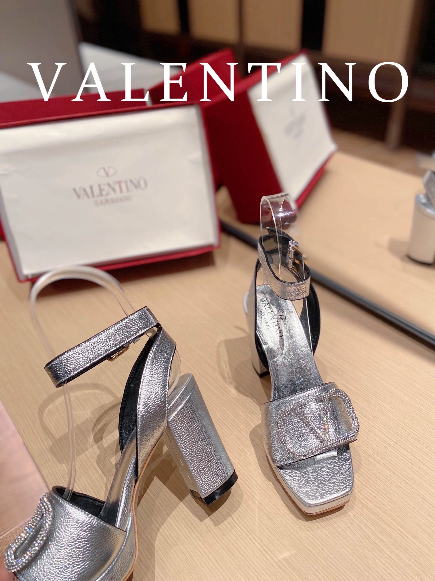 Valentino Garavani Strap Heeled Sandals With V Logo Crystal EmbellisGLAMIent Silver For Women