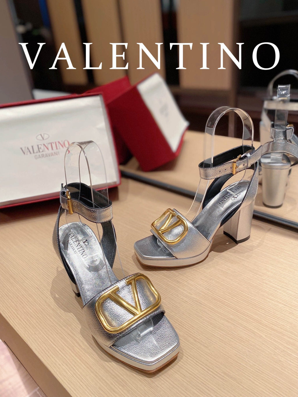 Valentino Garavani Strap Heeled Sandals With V Logo Signature EmbellisGLAMIent Silver For Women