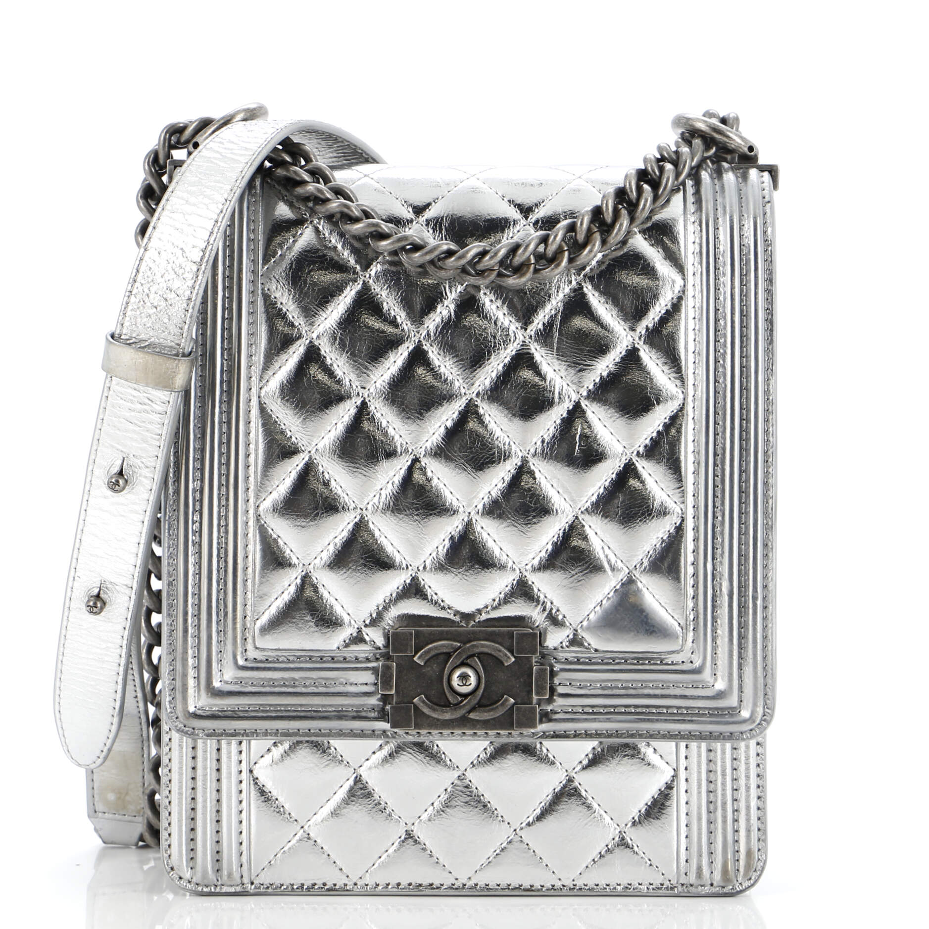 CHANEL North South Boy Flap Bag Quilted Metallic Calfskin Small