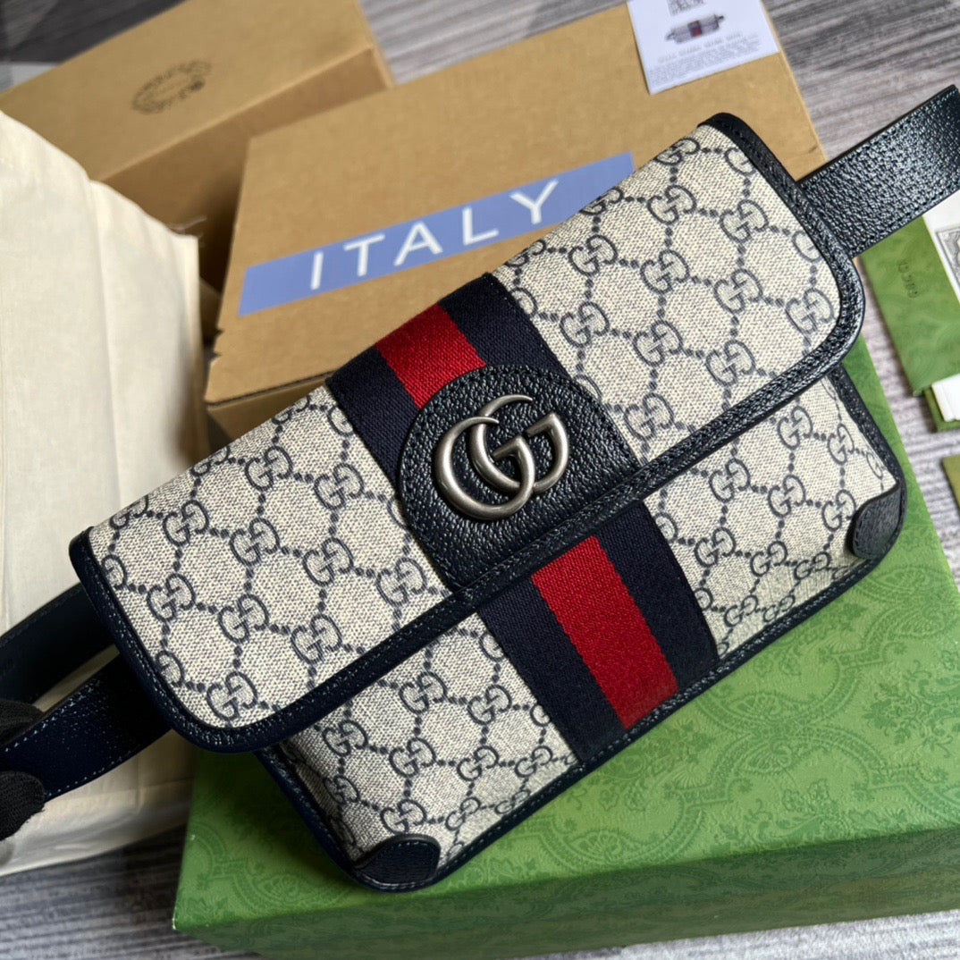 gg Ophidia Belt Bag Beige And Blue gg Supreme Canvas For Men  8.7in/22cm gg 674081 96IWN 4076