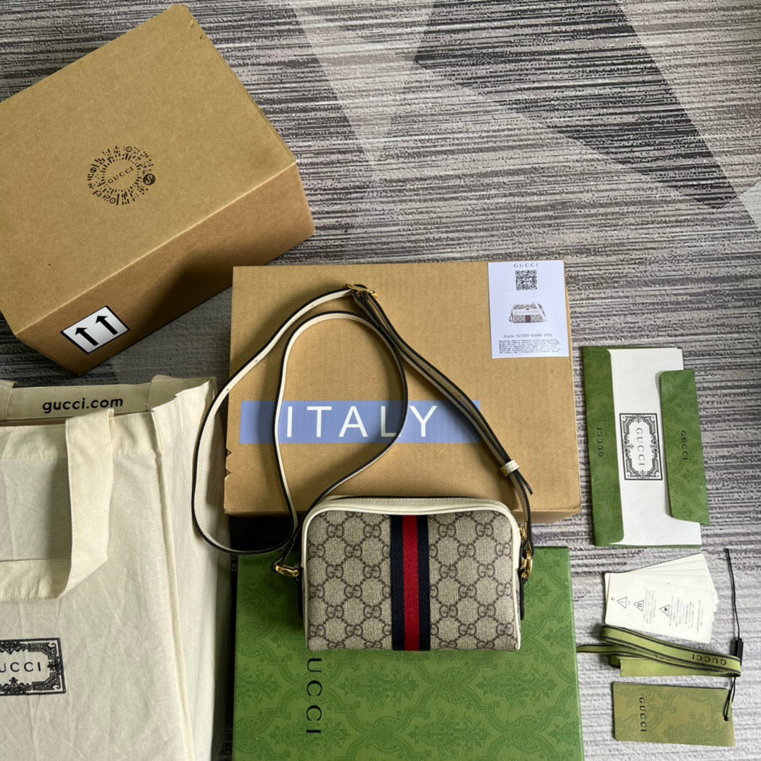 gg Ophidia Mini gg Bag Beige And Ebony gg Supreme Canvas, With White For Women  7in/17.5cm gg 517350 96IWS 9794