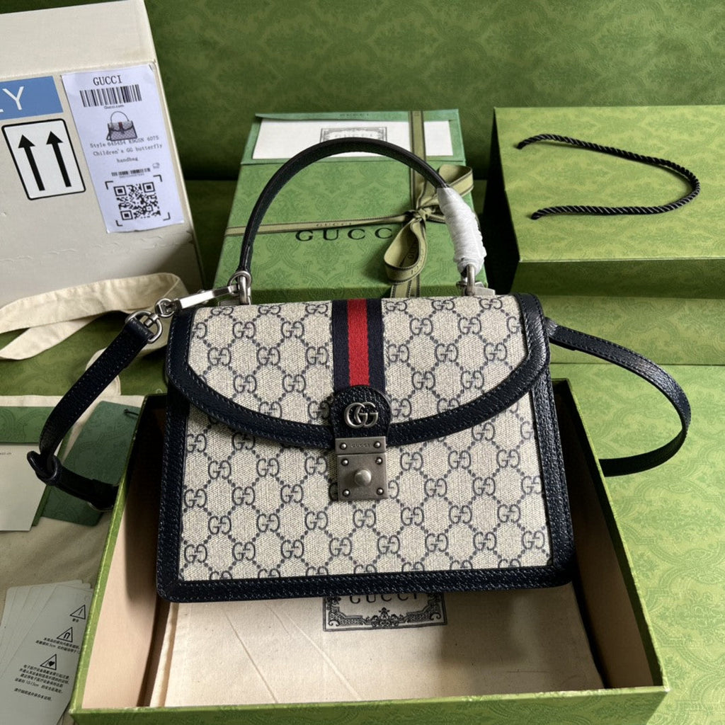 gg Ophidia Small Top Handle Bag Beige And Blue gg Supreme Canvas  For Women 10in/25cm 651055 96IWN 4076
