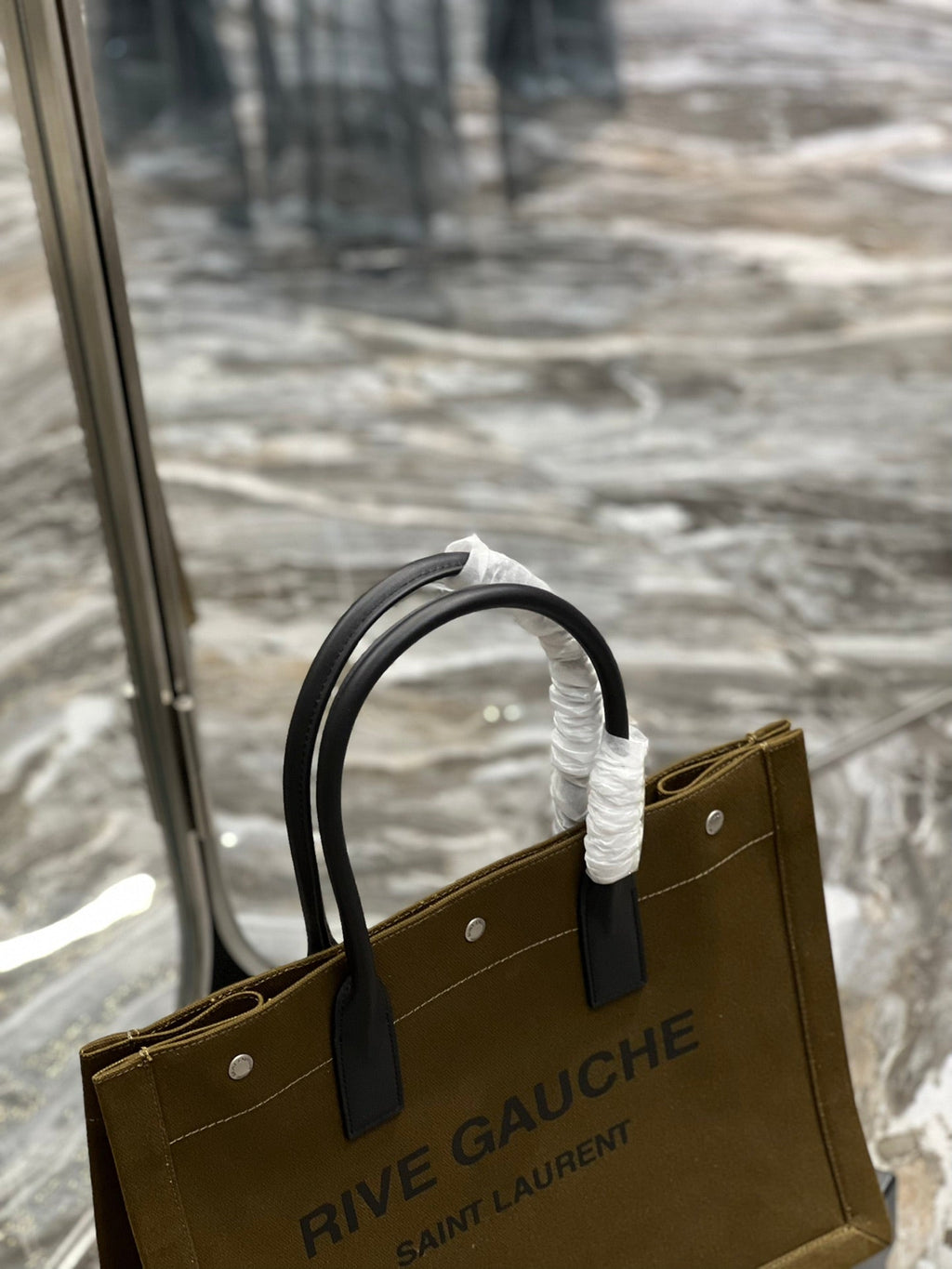 GLAMI Rive Gauche Small Tote Bag In Linen Khaki Brown For Women 15.4in/39cm YSL