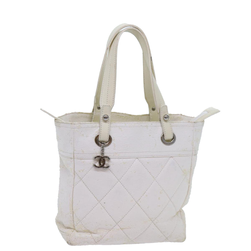 CHANEL Paris Biarritz PM Tote Bag Coated Canvas White CC 70278