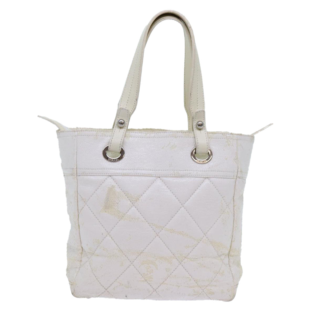 CHANEL Paris Biarritz PM Tote Bag Coated Canvas White CC 70278