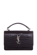 Saint Laurent SUNSET Black Embossed Croc Cross-Body W/ Silvertone Hardware