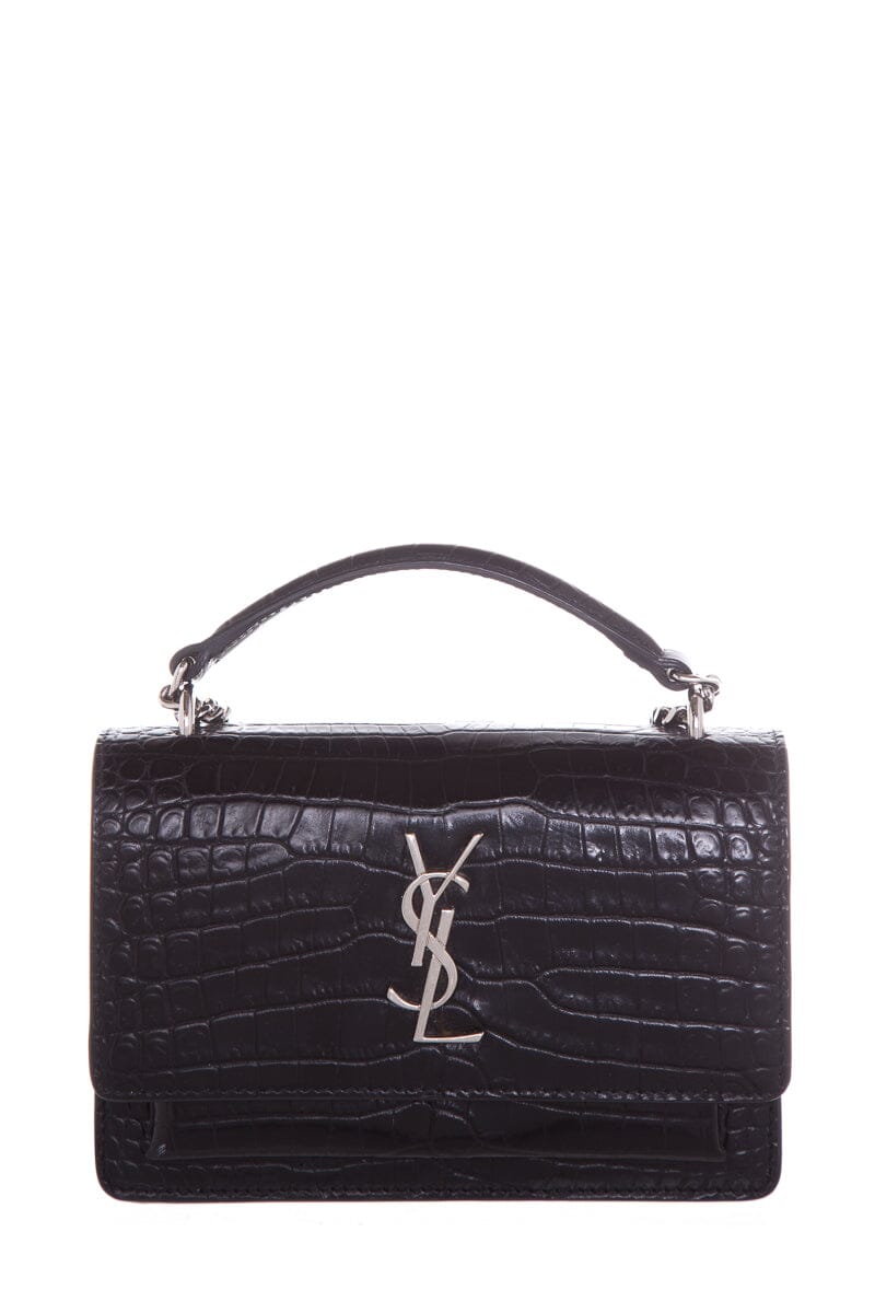 Saint Laurent SUNSET Black Embossed Croc Cross-Body W/ Silvertone Hardware