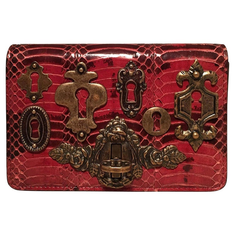 Dolce and Gabbana Maroon Snakeskin Keyhole Clutch Bag