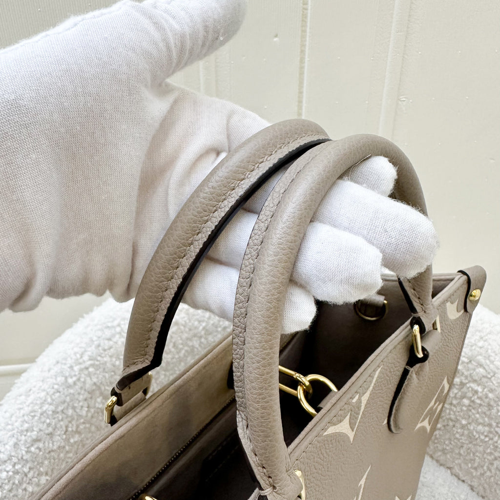 LV Onthego PM in Tourterelle (Grey) / Creme Giant Monogram Empreinte Leather and GHW