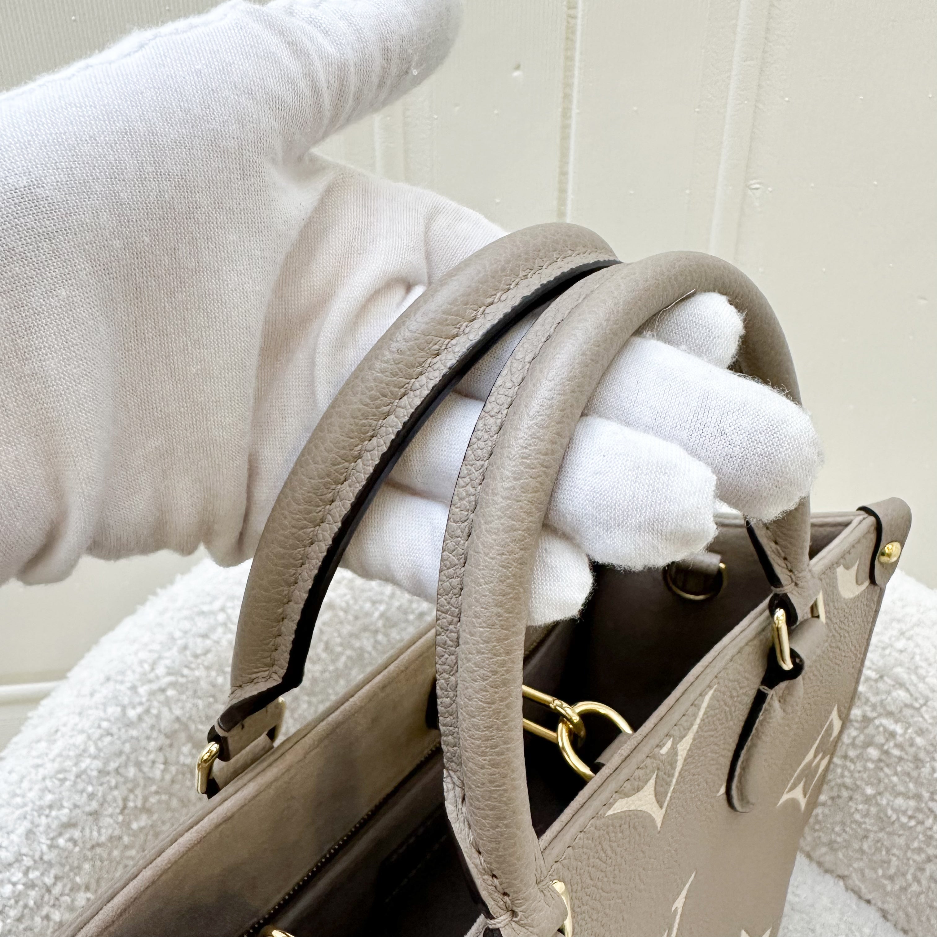 LV Onthego PM in Tourterelle (Grey) / Creme Giant Monogram Empreinte Leather and GHW
