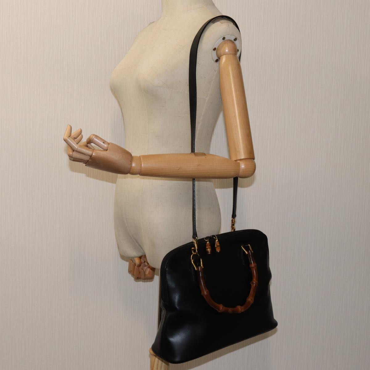 GUCCI Bamboo Hand Bag Leather 2way Black 70622