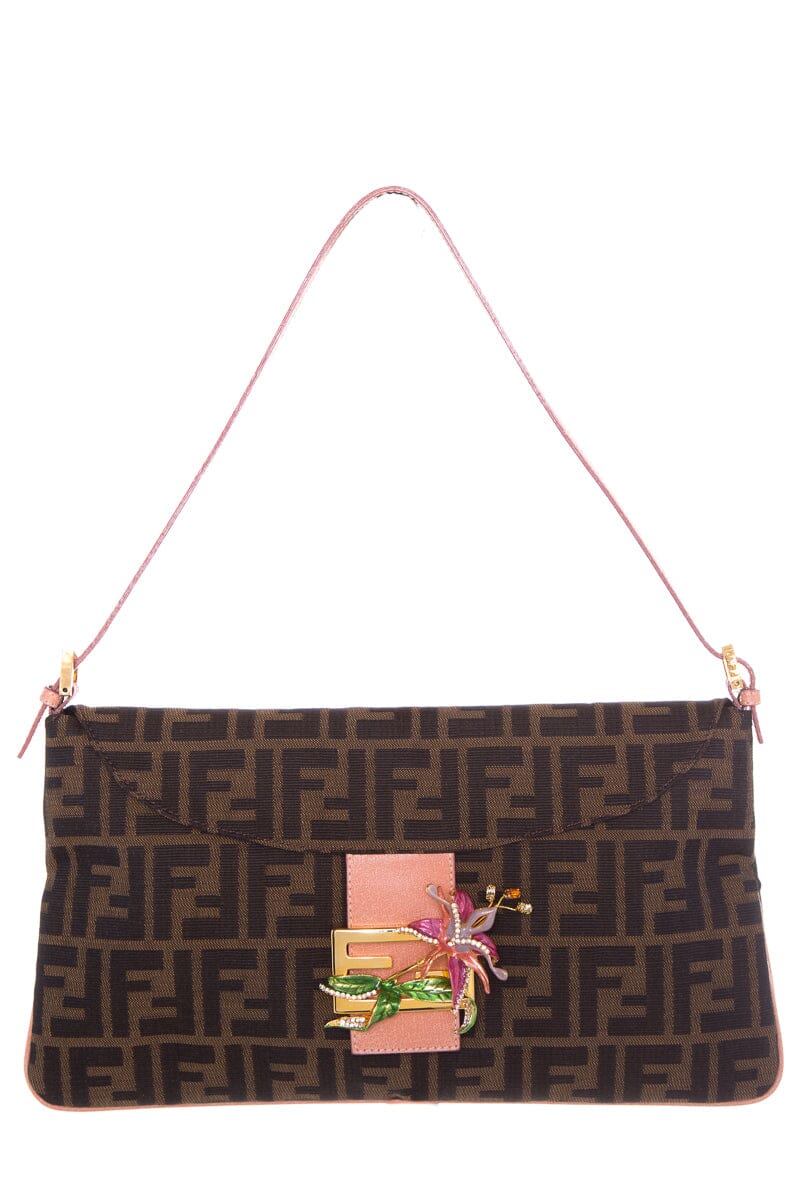 Fendi Brown Zucca Print Baguette Limited Edition Floral Embellishment Handbag